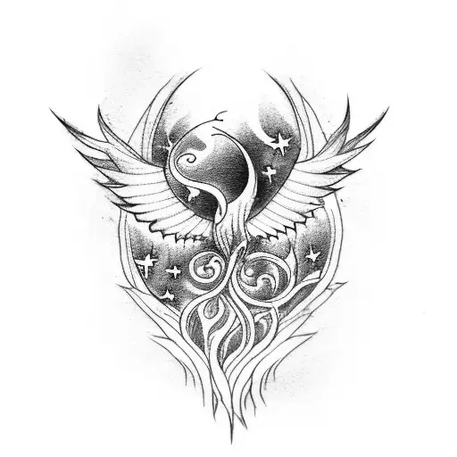 Design a tattoo with a tree, downward roots, and a phoenix embodying 'Roots in hell, growth to heaven tattoo design idea