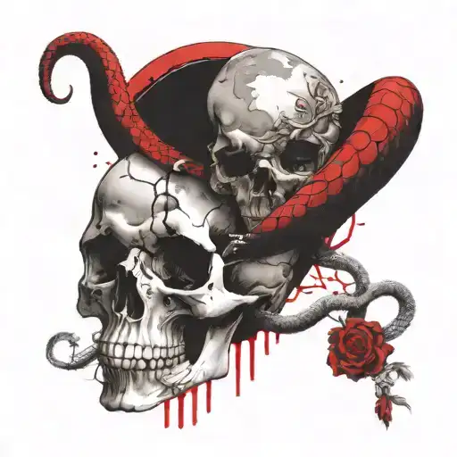 A snake around a skull in a cemetery at night sky with moon tattoo design idea