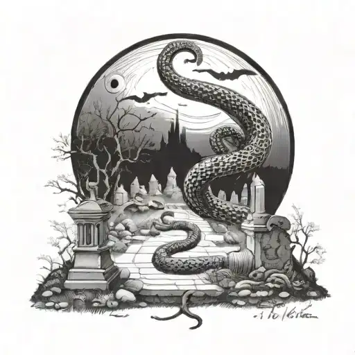 A snake slithering through a cemetery at night sky with moon tattoo design idea