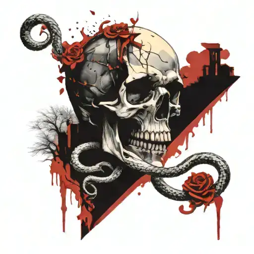 A snake around a skull in a cemetery at night sky with moon tattoo design idea