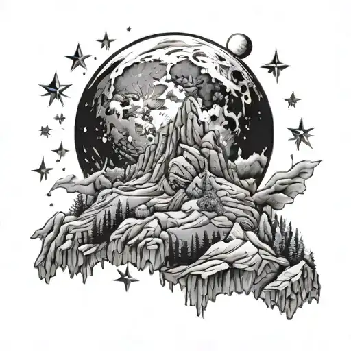 Mountain top, moon and stars tattoo design idea