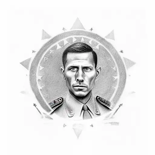 A realistic portrait of the client's favorite military hero, with half of the tattoo in black and gray and the other half in vibrant colors, symbolizing their occupation and love for color tattoo design idea