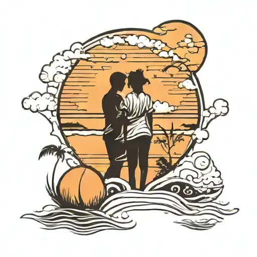 sunset on the beach with a boy and a girl tattoo design idea