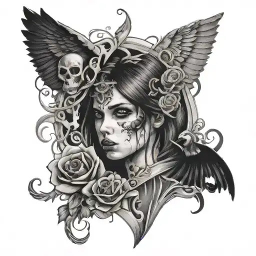 A tattoo of a girl with a mysterious and dangerous vibe, surrounded by symbols of life and death tattoo design idea