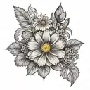 marigold, holly, violet, carnation, and a daisy. tattoo design idea