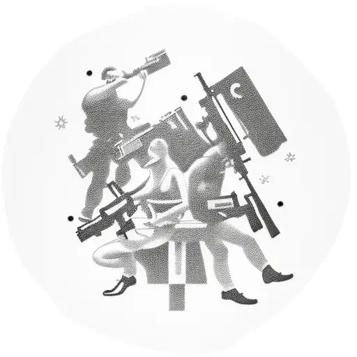 A group of friends playing a board game with guns and drugs as game pieces tattoo design idea
