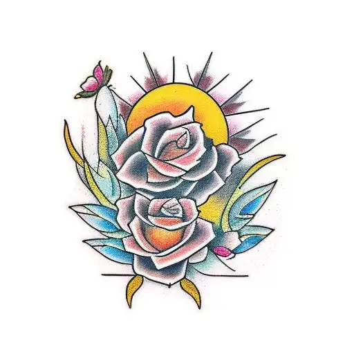 Half flowers half sun, with a robin bird tattoo design idea