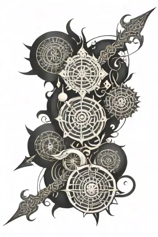 sudarshana chakra and trishula weapon with a damru tattoo design idea