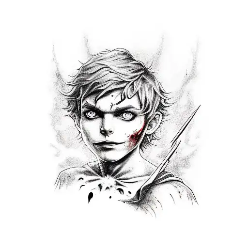 Peter pan als zombie hängt am abgebrochenen Zeiger einer Kirchturmuhr  tattoo design idea