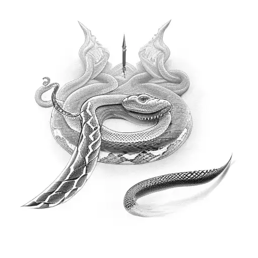 A black-grey design of a sword piercing through a snake tattoo design idea