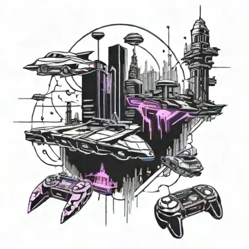 A futuristic cyberpunk cityscape with neon lights and flying cars, incorporating gaming symbols like controllers and consoles tattoo design idea