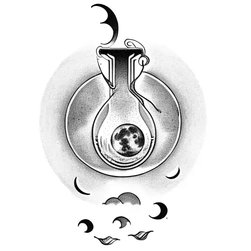 Perfume bottle with a crescent moon, full moon, and sun inside it tattoo design idea