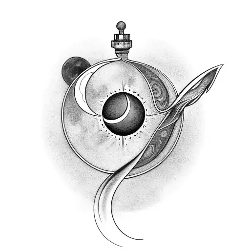 Perfume bottle with a crescent moon, full moon, and sun inside it tattoo design idea