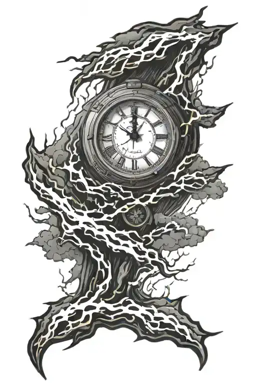 clock which shows 5 minutes after 12 behind lightnings by thunderstorm tattoo design idea