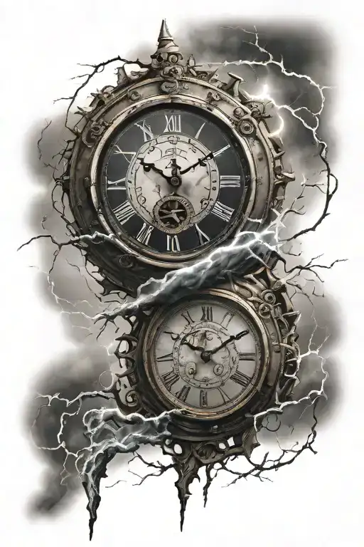 clock which shows 5 past 12 behind lightnings by thunderstorm tattoo design idea