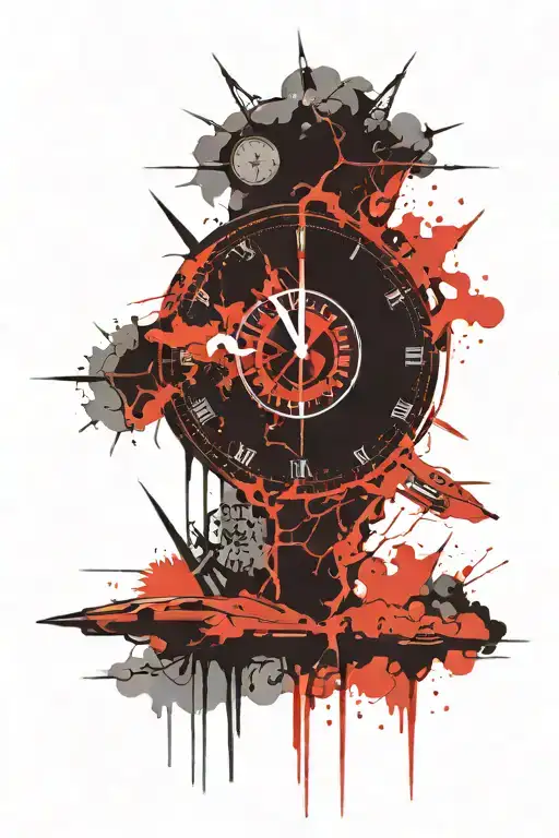 clock which shows 5 past 12 behind lightnings by thunderstorm tattoo design idea