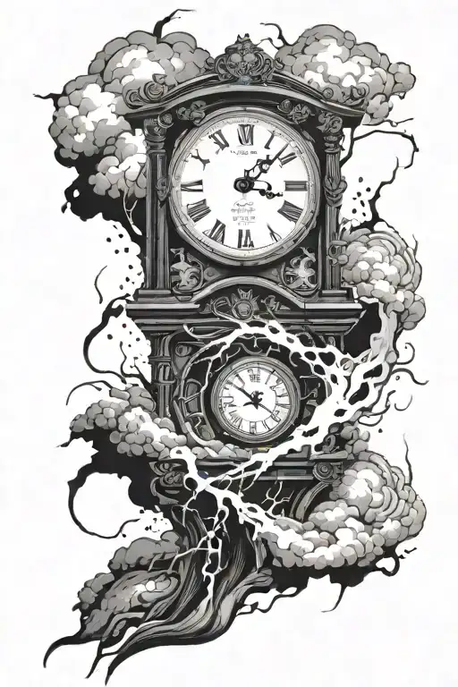 clock which shows 5 minutes after 12 behind lightnings by thunderstorm tattoo design idea