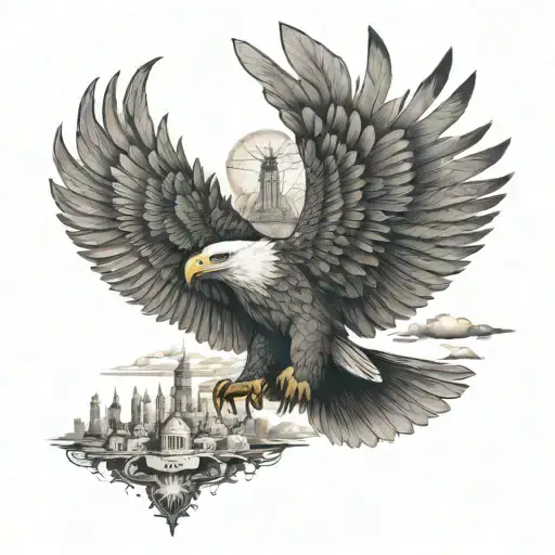 A surreal tattoo of a soaring eagle with wings made up of iconic landmarks from around the world, blending the client's passion for animals and travel tattoo design idea