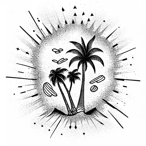 night sky palm tree star Rocky lake shore line tattoo design idea