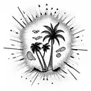 night sky palm tree star Rocky lake shore line tattoo design idea
