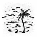night sky palm tree star Rocky lake shore line tattoo design idea