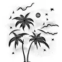 night sky palm tree star Rocky lake shore line tattoo design idea