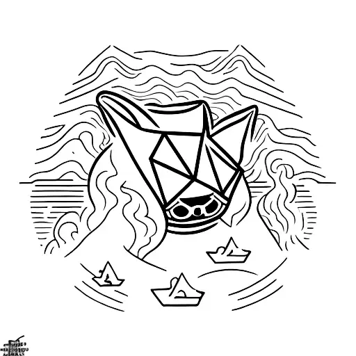 A minimalist tattoo of a dollar bill transforming into a cat in front of a volcanic eruption tattoo design idea