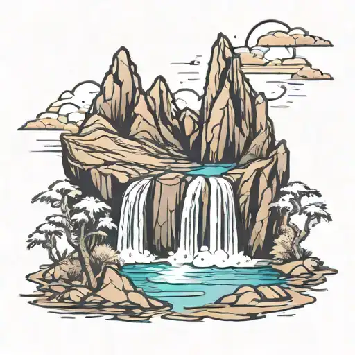 mountains into waterfall with desert tattoo design idea