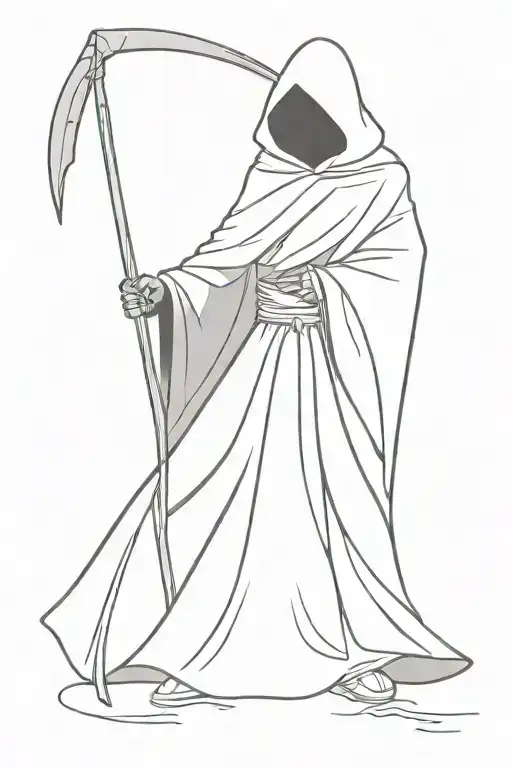 A Simple Dark Tall Reaper In a Cloak, looking forward with a Scythe, pointing at something tattoo design idea