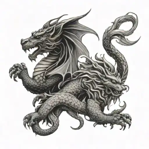dragon and lion strong bond represented by two intertwined tattoo design idea