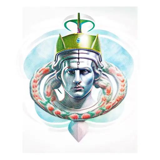 Apollo with spartan helmet in right hand, caduceus in left hand and a crown of ivy tattoo design idea