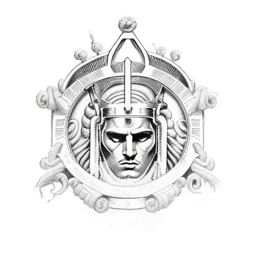 Apollo with spartan helmet in right hand, caduceus in left hand and a crown of ivy tattoo design idea