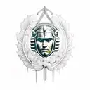 Apollo with spartan helmet in right hand, caduceus in left hand and a crown of ivy tattoo design idea