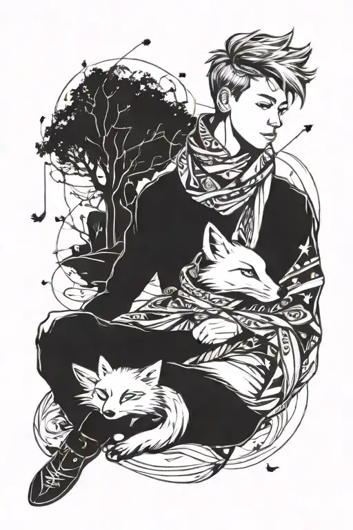 Little prince sitting with scarf blowing in the wind and fox next to him, minimalist landscape tattoo design idea