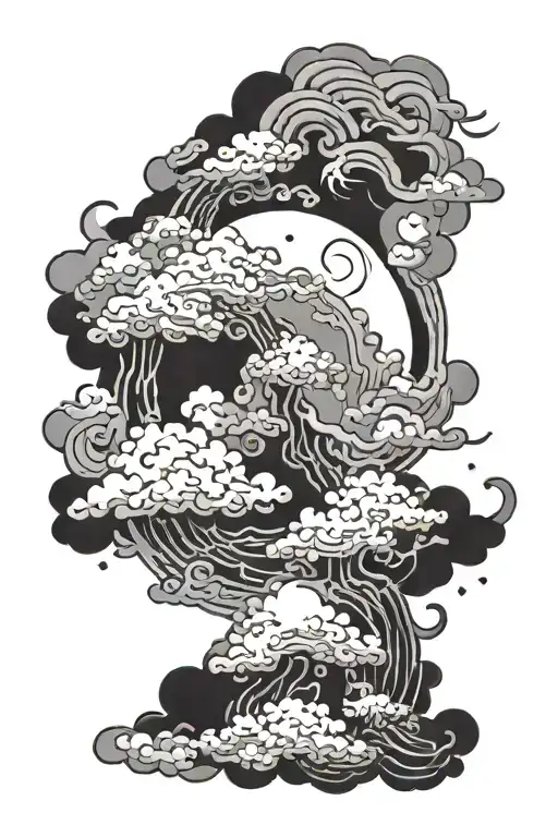 Traditional Japanese style tattoo design featuring intricate clouds and a prominent full moon, very detailed, monochrome tattoo design idea