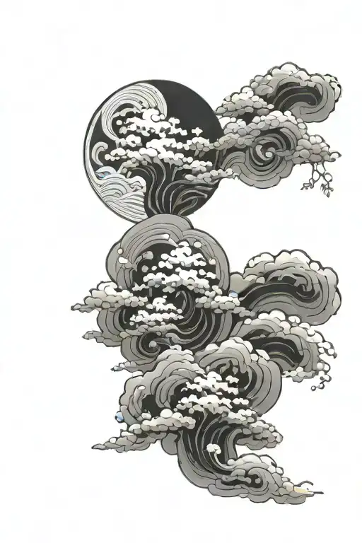 Traditional Japanese style tattoo design featuring intricate clouds and a prominent full moon, very detailed, monochrom, tattoo design idea