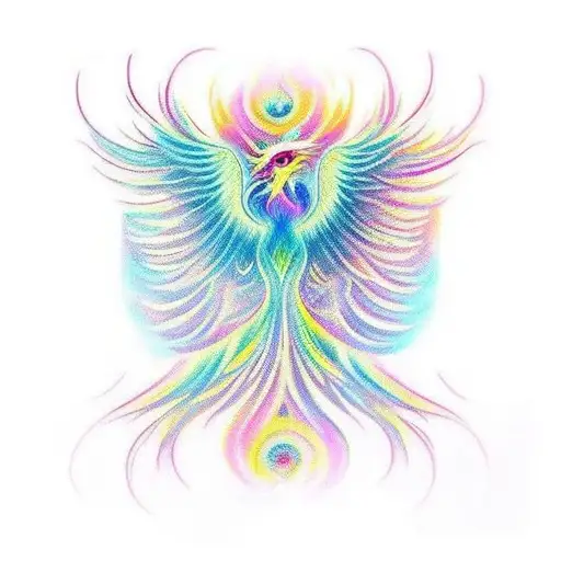 A fine line tattoo of a majestic phoenix rising from the ashes, with vibrant peonies blooming around it. The wings of the phoenix blend seamlessly with the person's back, creating a stunning and ethereal effect. The color scheme includes pastel shades of blue, pink, purple, and yellow. tattoo design idea