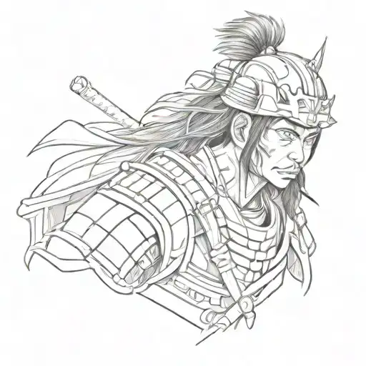 Create a sketch-style tattoo of a Japanese samurai warrior in traditional armor tattoo design idea