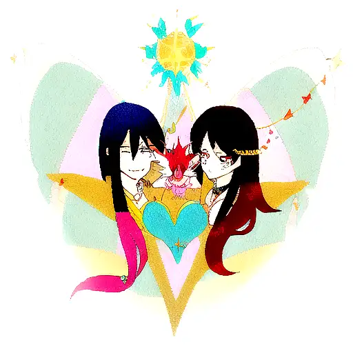 Create a tattoo design symbolizing true love between Raman and Karla, featuring hearts, a phoenix, and a king and queen  tattoo design idea