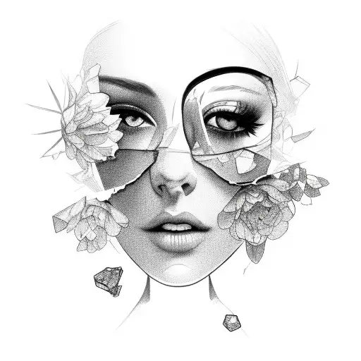 broken glass, flowers, women's face, dice tattoo design idea