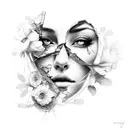 broken glass, flowers, women's face, dice tattoo design idea