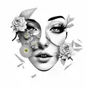 broken glass, flowers, women's face, dice tattoo design idea