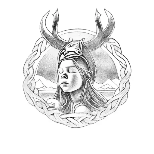 A blackwork tattoo of a Viking warrior holding a sleeping child with nature elements in the background tattoo design idea