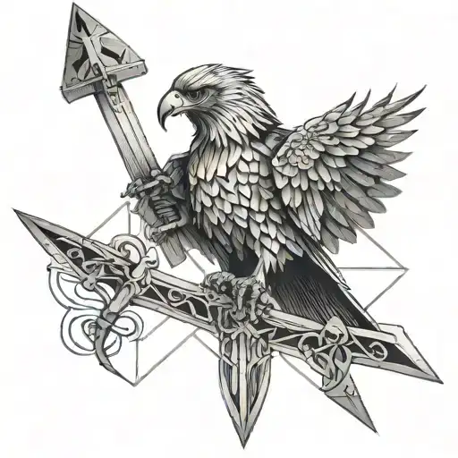 Abstract geometric eagle perched on a sword with intricate linework tattoo design idea