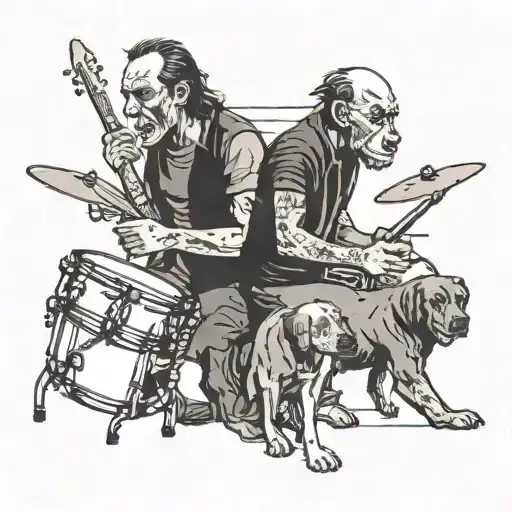 Punk rock concert scene with Charles Bukowski as the lead singer and a Labrador dog as the drummer tattoo design idea