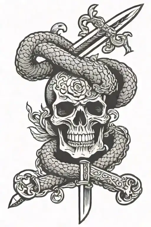 sword skull snake intertwined tattoo design idea