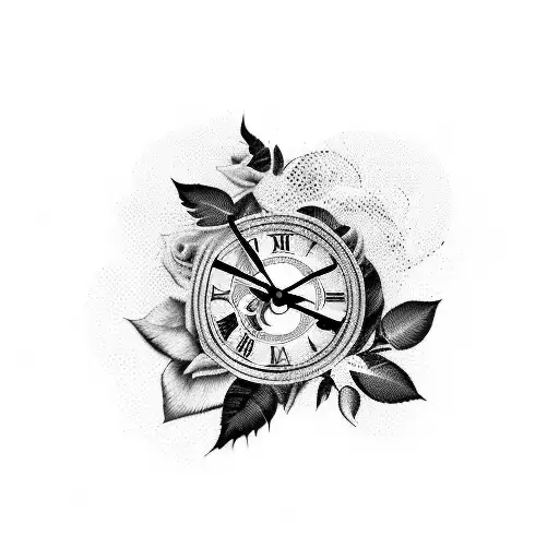sleeve clock with roses , doves, tiger, leaves  tattoo design idea