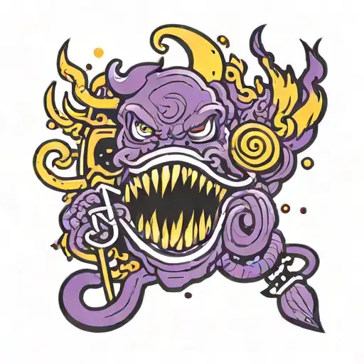 DAZZY con letras prendidas en fuego de color morado y amarillo con logo musical de trap tattoo design idea