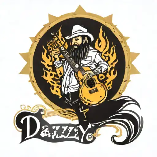 DAZZY con letras prendidas en fuego con logo musical de trap y acordeon vallenato  tattoo design idea