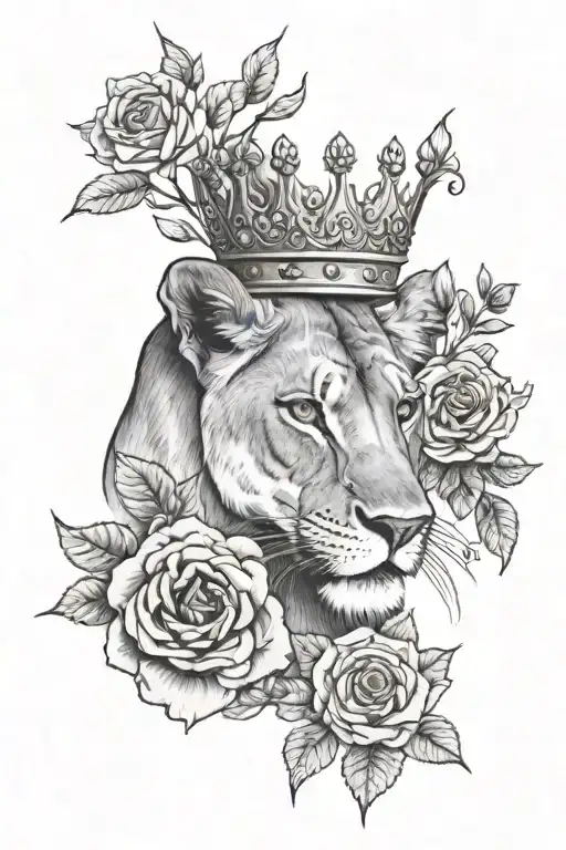 A lioness with flowers below and a small crown on her head tattoo design idea